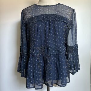 Lucky Brand Blue Floral Ruffle Sheer Boho Blouse Size S